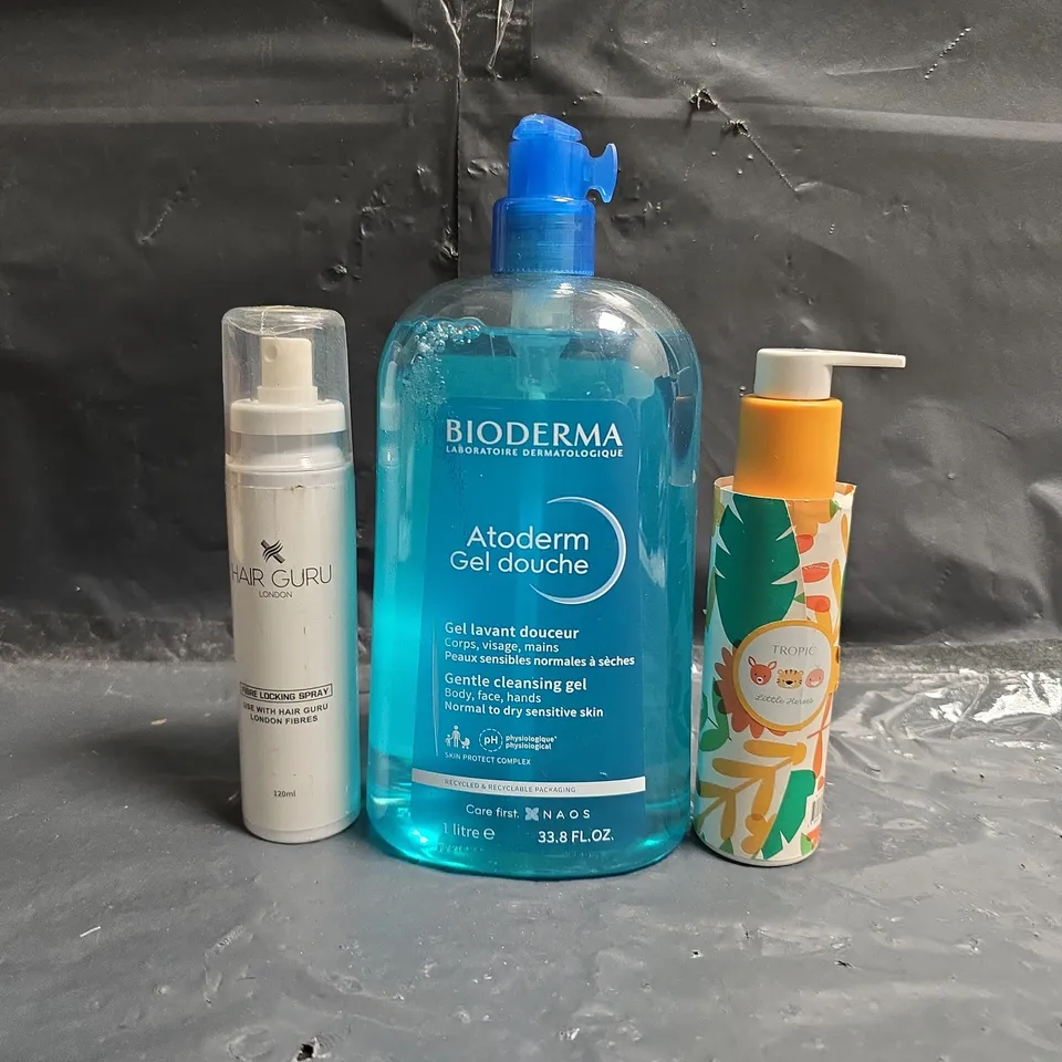 APPROXIMATELY 12 ASSORTED COSMETIC PRODUCTS TO INCLUDE HAIR GURU, TROPIC, BIODERMA, ETC