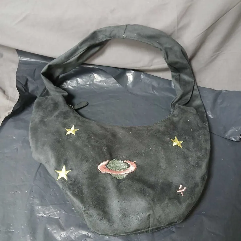 KOI GREY SUEDE-STYLE HANDBAG WITH CELESTIAL EMBROIDERY (STARS & PLANET) 