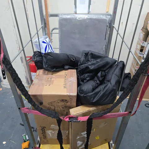 CAGE OF APPROXIMATELY 8 ASSORTED HOUSEHOLD ITEMS TO INCLUDE - STORAGE BOXES, SUNBABY RIDER AND FUNNY FUZZY CAR DOG BED ETC.  - COLLECTION ONLY 