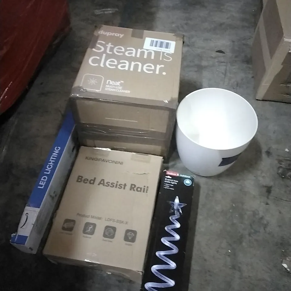 PALLET OF HOUSEHOLD ITEMS TO INCLUDE LED LIGHTING, STEAM CLEANER, PLANT POT, BED ASSIST RAIL, STAKE LIGHTS AND OTHER ASSORTED ITEMS...