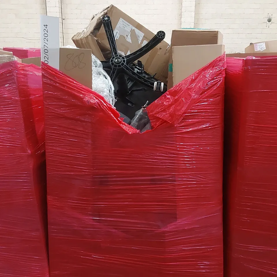 PALLET OF ASSORTED HOUSEHOLD ITEMS AND CONSUMER PRODUCTS TO INCLUDE; OFFICE CHAIR, BOXED FURNITURE ETC 