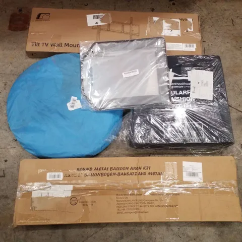 PALLET CONTAINING ASSORTED PRODUCTS INCLUDING TILT TV WALL MOUNT, POP UP TENT, PAPER STORAGE, ROUND METAL BALLOON ARCH KIT & MODULARFOAM CUSHION