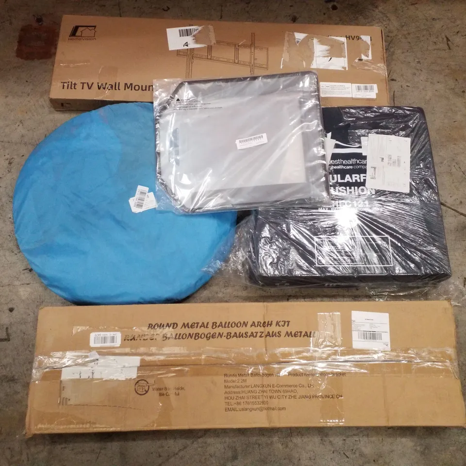 PALLET CONTAINING ASSORTED PRODUCTS INCLUDING TILT TV WALL MOUNT, POP UP TENT, PAPER STORAGE, ROUND METAL BALLOON ARCH KIT & MODULARFOAM CUSHION