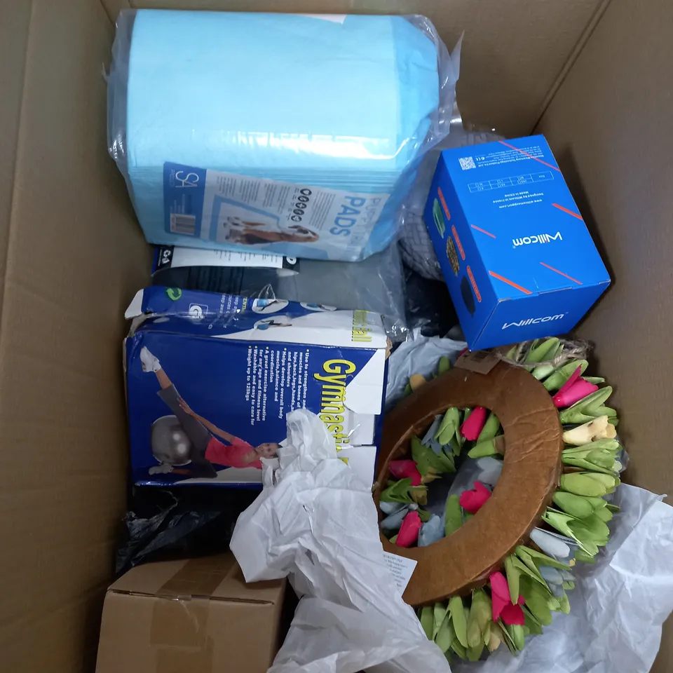 BOX OF APPROXIMATELY 10 ASSORTED ITEMS TO INCLIDE GYMNASTIC BALL, PUPPY TRAINING PADS, NECK BRACE ETC