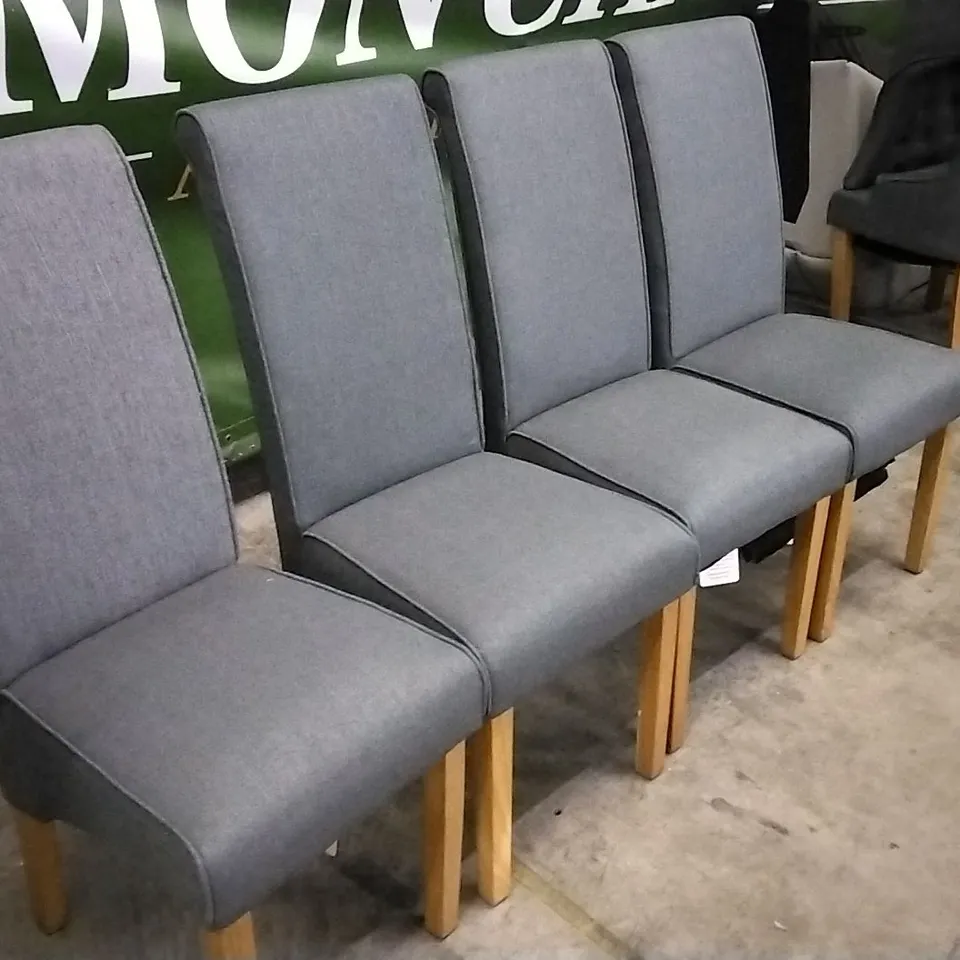 SET OF 4 GREY FABRIC DINING CHAIRS WITH WOODEN LEGS