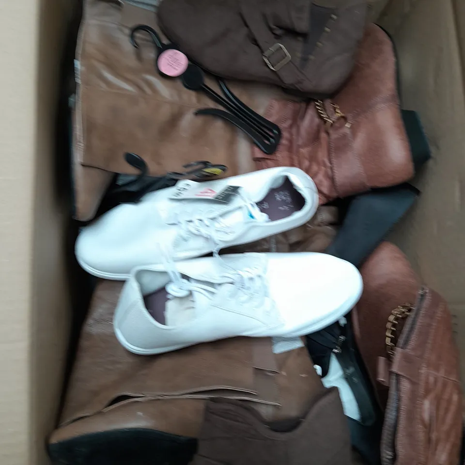 BOX OF APPROXIMATELY 10 ASSORTED PAIRS OF SHOES IN VARIOUS SIZES, COLOURS AND STYLES