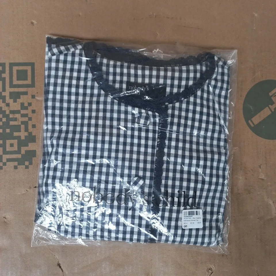 BAGGED NOBODY'S CHILD PUFF SLEEVE TAILORED TOP IN BLUE GINGHAM SIZE UK 12