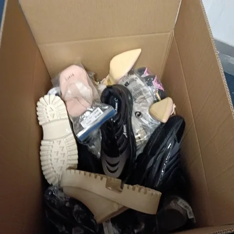 BOX OF APPROXIMATELY 20 ASSORTED PAIRS OF SHOES IN VARIOUS STYLES , COLURS AND SIZES 