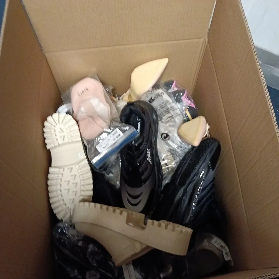 BOX OF APPROXIMATELY 20 ASSORTED PAIRS OF SHOES IN VARIOUS STYLES , COLURS AND SIZES