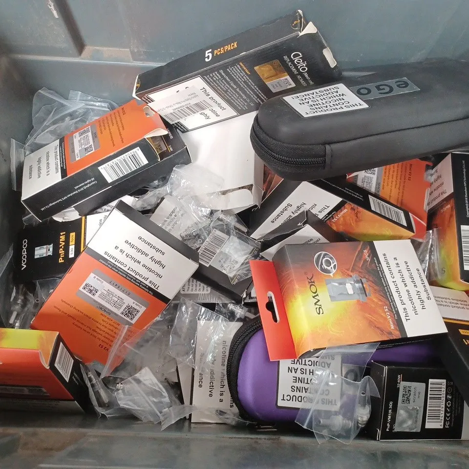 BOX OF APPROX 25 VAPE ACCESSORIES TO INCLUDE - SMOK MINI V2 S2 - VOOPOO PNP-VM1 - SIGELEI S-31 TANK ECT