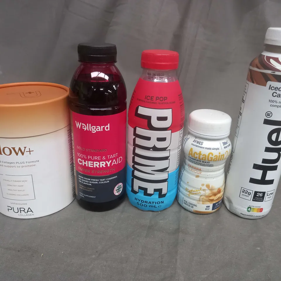 APPROXIMATELY 12 ASSORTED FOOD AND DRINK ITEMS TO INCLUDE HUEL, PRIME, GLOW+, WELLGARD AND ACTAGAIN - COLLECTION ONLY