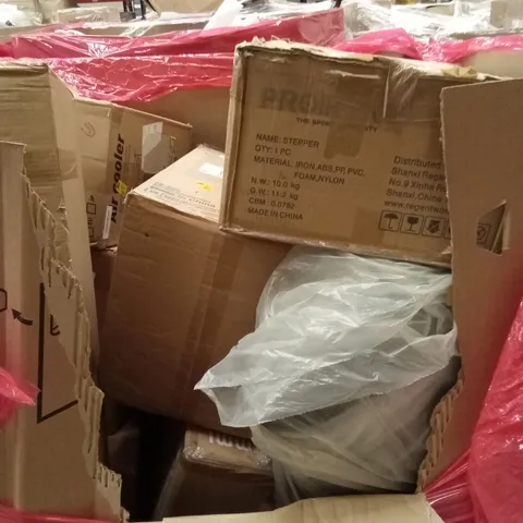 PALLET OF ASSORTED HOUSEHOLD GOODS AND PRODUCTS TO INCLUDE; PAPER SHREDDER, AIR COOLER, BOXED FURNITURE ETC