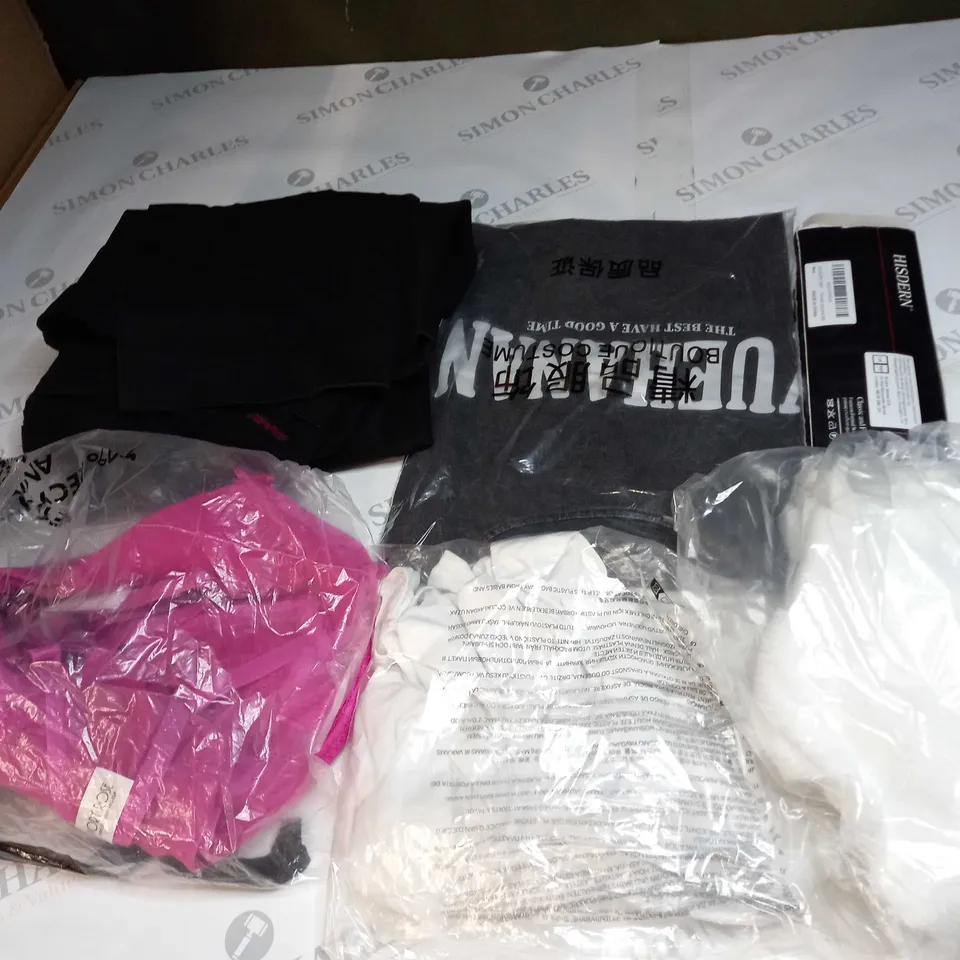  BOX OF ASSORTED CLOTHING ITEMS TOO INCLUDE DRESSES , SHIRTS AND TROUSERS IN VARIOUS SIZES AND COLOURS   