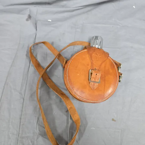 LEATHER ROUND HIP FLASK IN BROWN LEATHER CASE WITH STRAP