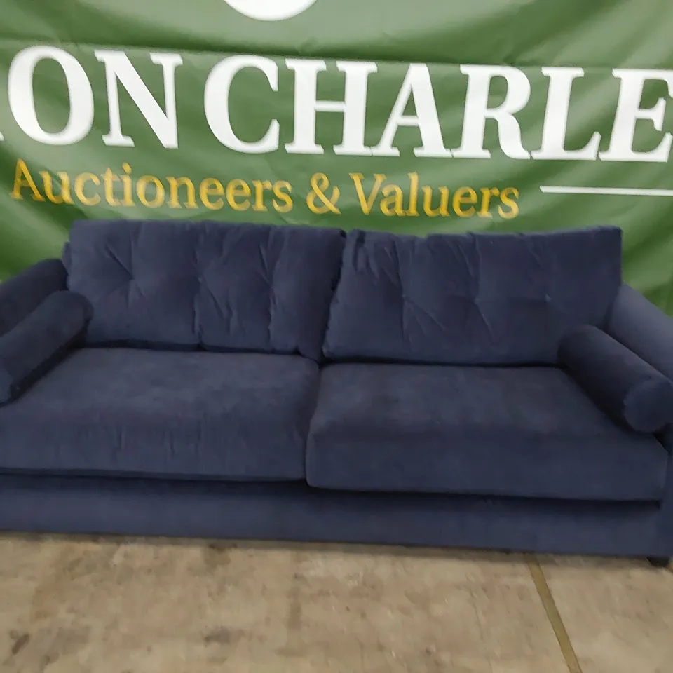 QUALITY BRITISH DESIGNER LOUNGE Co. FOUR SEATER SOFA WITH ROLL BOLSTER CUSHIONS BLUE PLUSH FABRIC 