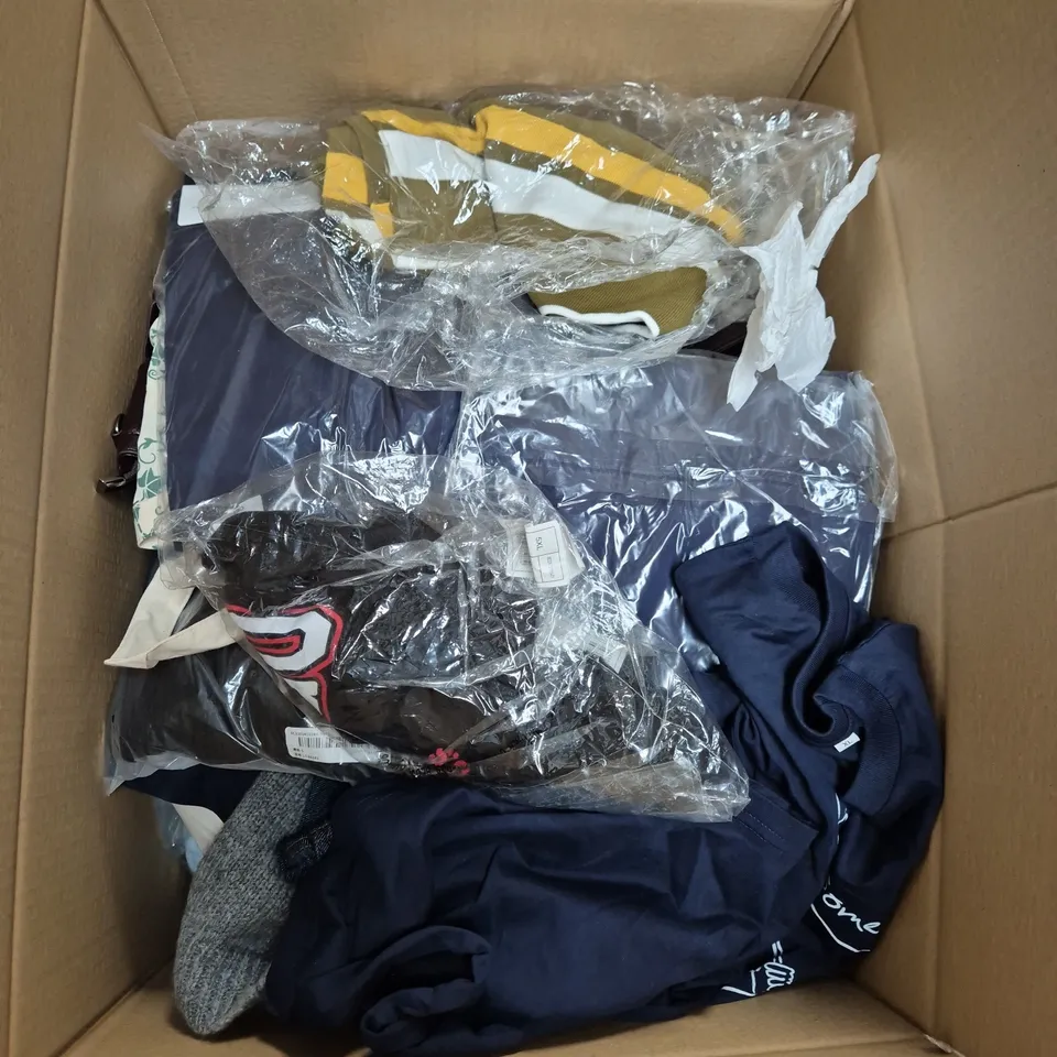 LARGE BOX OF ASSORTED CLOTHING ITEMS IN VARIOUS SIZES, STYLES AND COLOUR - COLLECTION ONLY