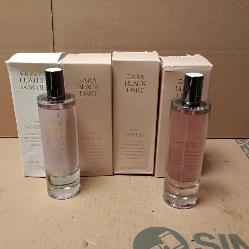 LOT OF 4 BOXED ZARA 80ML EAU DE PARFUMS TO INCLUDE BLACK DART AND VIBRANT LEATHER FOR HER