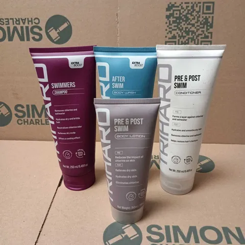 APPROXIMATELY 8 X TRIHARD SWIMMERS COSMETIC ITEMS TO INCLUDE SHAMPOO, CONDITIONER ETC