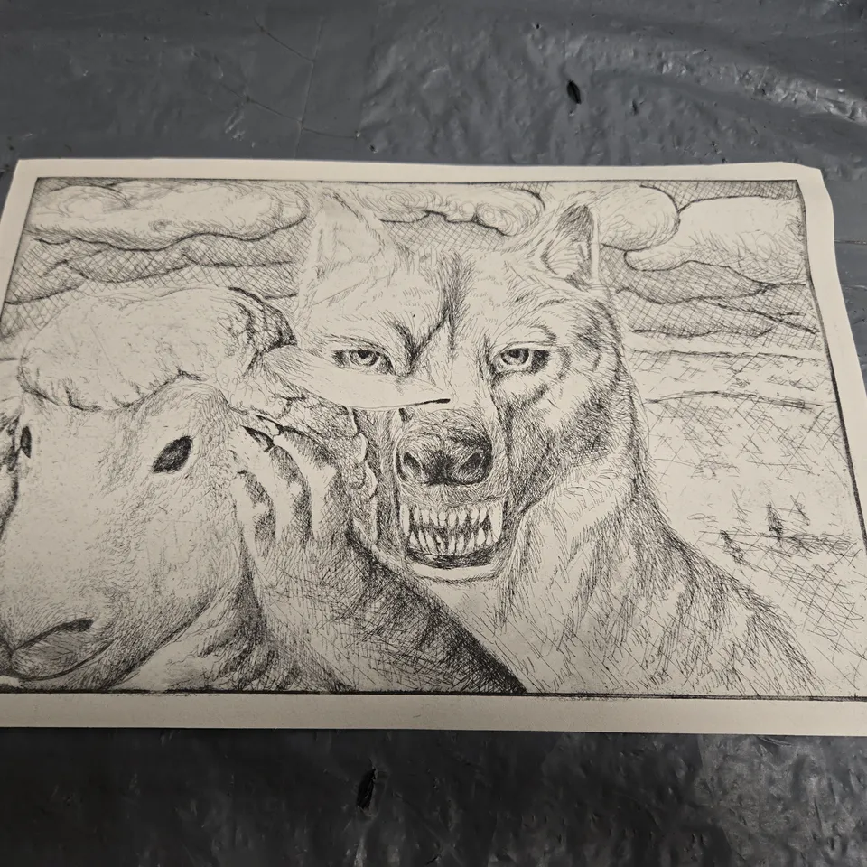 LIMITED EDITION PRINT – WOLF AND A SHEEP IN LANDSCAPE (12/13)