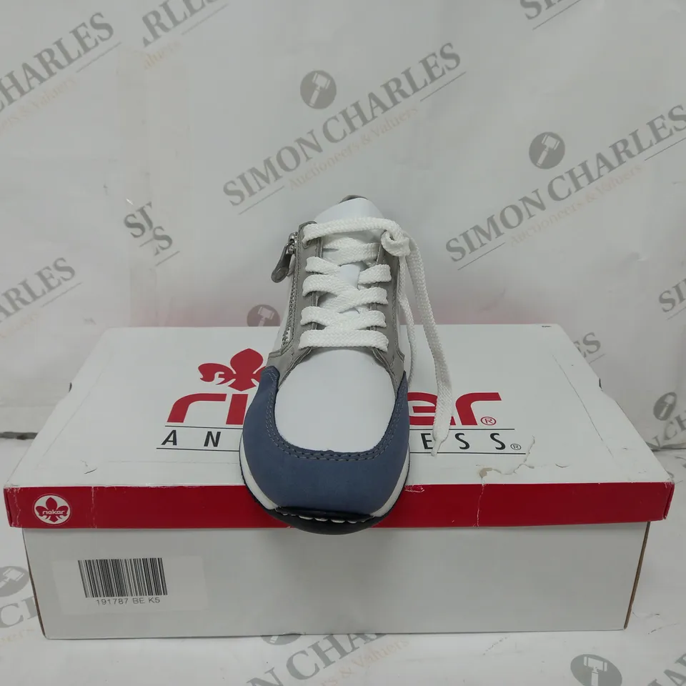 BOXED PAIR OF RIEKER SNEAKERS WITH REMOVABLE INSOLE COMBINATION BLUE UK SIZE 5