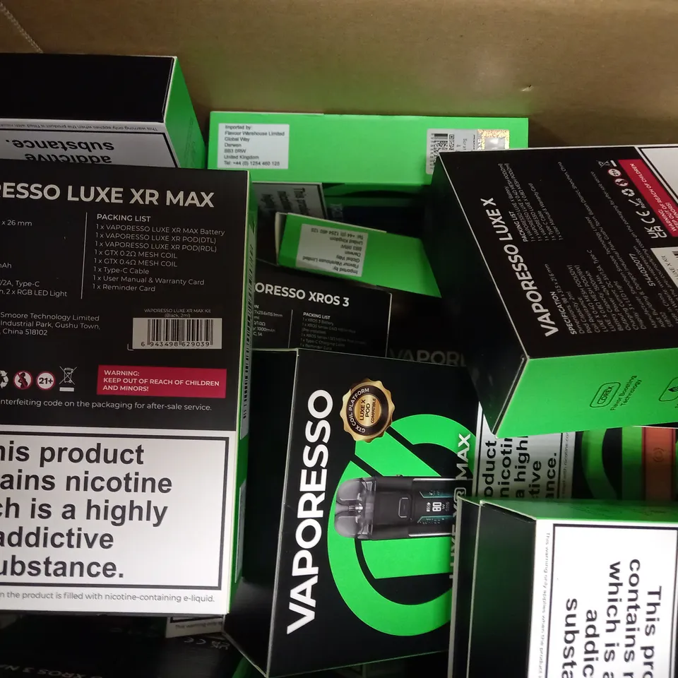 APPROXIMATELY 20 ASSORTED BOXED VAPORESSO VAPING PRODUCTS TO INCLUDE XROS 3, XROS 3 NANO, LUXE XR MAX ETC.