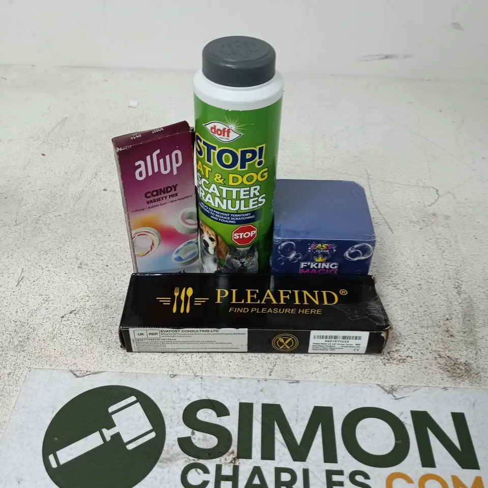 APPROXIMATELY 12 ASSORTED HOUSEHOLD ITEMS TO INCLUDE PLEAFIND CUTLERY, AIRUP CANDY, STOP CAT & DOG SCATTER GRANULES, ETC