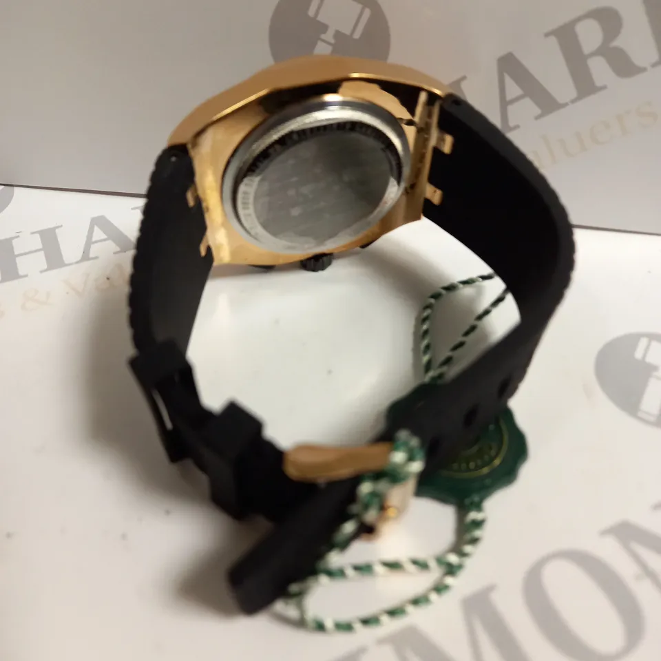 BOXED GAMAGES LONDON COMMANDER ROSE GOLD BLUE TEXTURED DIAL SILICONE STRAP WATCH