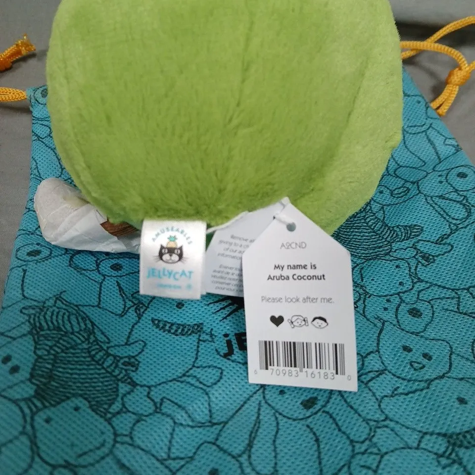 JELLYCAT ARUBA COCONUT PLUSH TOY – GREEN COCONUT WITH STRIPED STRAW, TAGS ATTACHED