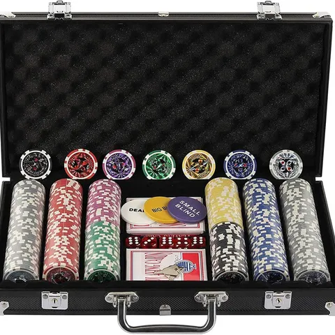BOXED DISPLAY4TOP TEXAS HOLDEM POKER CHIPS SET WITH ALUMINUM CASE, 2 DECKS OF CARDS, DEALER, SMALL BLIND, BIG BLIND BUTTONS AND 5 DICE (300PCS)