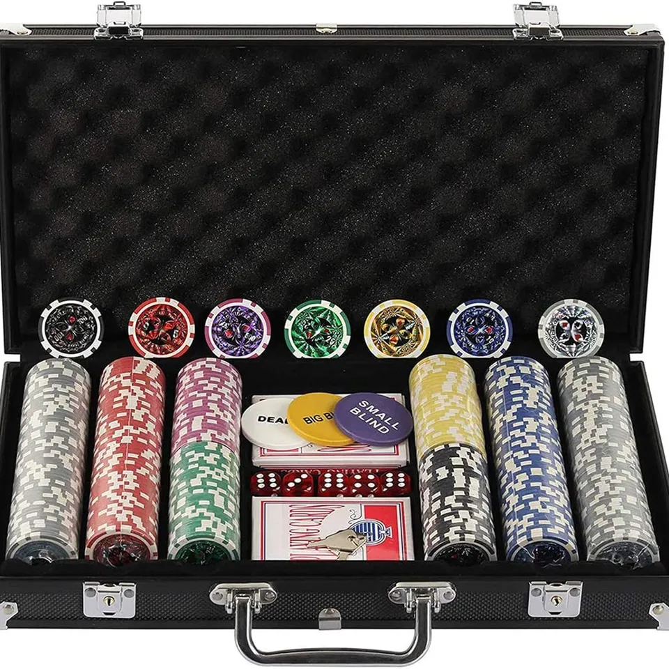 BOXED DISPLAY4TOP TEXAS HOLDEM POKER CHIPS SET WITH ALUMINUM CASE, 2 DECKS OF CARDS, DEALER, SMALL BLIND, BIG BLIND BUTTONS AND 5 DICE (300PCS)