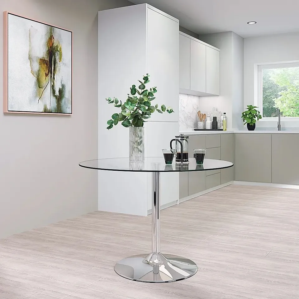 BOXED ORBIT ROUND CHROME AND GLASS DINING TABLE,  110CM , COMPLETE 3 BOXES 