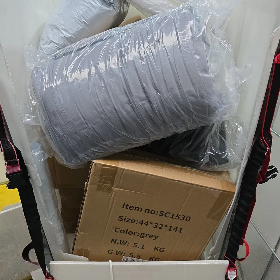 APPROXIMATELY 10 ASSORTED LARGE HOUSEHOLD ITEMS TO INCLUDE FREEZER/FRIDGE DRAWER, CLOTHING HANGERS, PILLOWS, ETC - COLLECTION ONLY