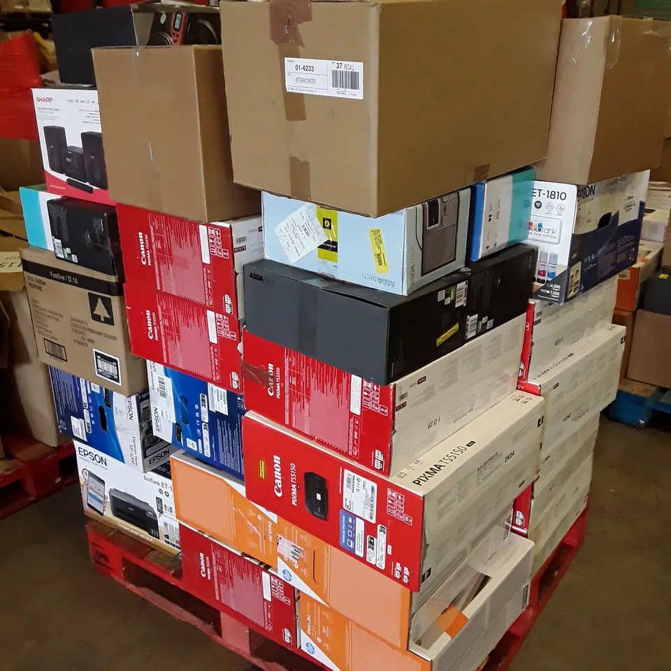 PALLET OF ASSORTED ELECTRONIC PRODUCTS INCLUDING PRINTERS, DVD PLAYER, CD BOOMBOXES, BLUETOOTH RADIO