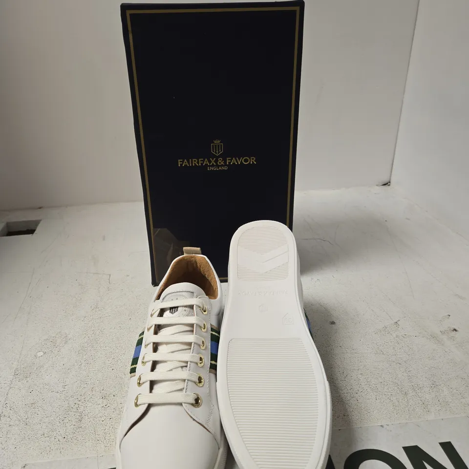 FAIRFAX & FAVOR BOSTON TRAINER – WHITE LEATHER WITH CLOVER GREEN/SKY BLUE, UK 6