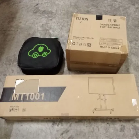 PALLET OF ASSORTED HOUSEHOLD GOODS AND PRODUCTS TO INCLUDE; CHILDREN'S MINI WHEEL BARROWS, ELECTRIC CAR CHARGER, GARDEN PUMP, TV STAND, COUNTERTOP REVERSE OSMOSIS SYSTEM ETC