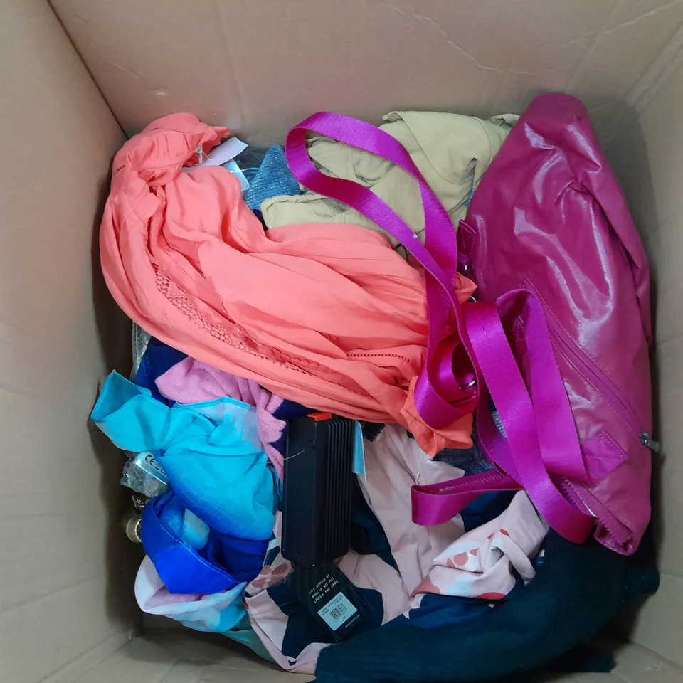 LARGE BOX OF ASSORTED CLOTHING ITEMS TOO INCLUDE TOPS , TROUSERS AND JUMPERS COMING IN DIFFERENT COLOURS AND SIZES