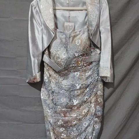 JOHN CHARLES TWO PIECE FLORAL JACKET & DRESS IN SILVER MULTI - SIZE 14