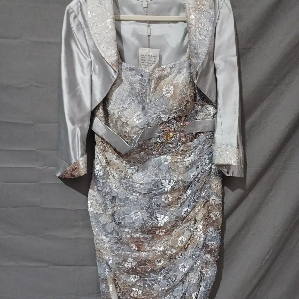 JOHN CHARLES TWO PIECE FLORAL JACKET & DRESS IN SILVER MULTI - SIZE 14