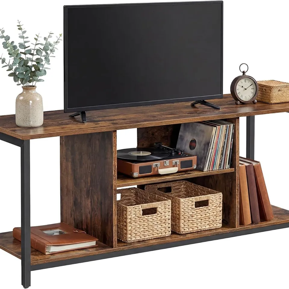 BOXED VASAGLE TV STAND FOR TV UP TO 60 INCHES, RUSTIC BROWN AND BLACK