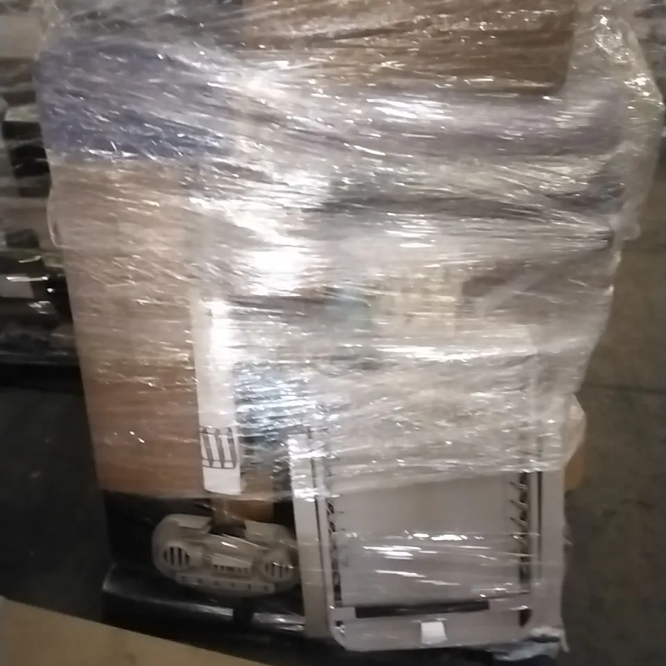 PALLET CONTAINING A LARGE QUANTITY OF ASSORTED HOUSEHOLD GOODS WHICH INCLUDE; SHOE RACK, FOLDING CHAIRS, COOLING FAN, SOFT PLAYPEN ETC