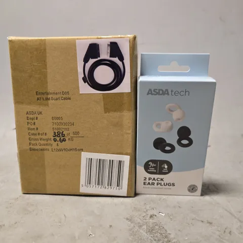 BOX OF APPROXIMATELY 15 ASSORTED ITEMS TO INCLUDE - AT 1.5M SCART CABLE , 2 PACK OF EAR PLUGS 