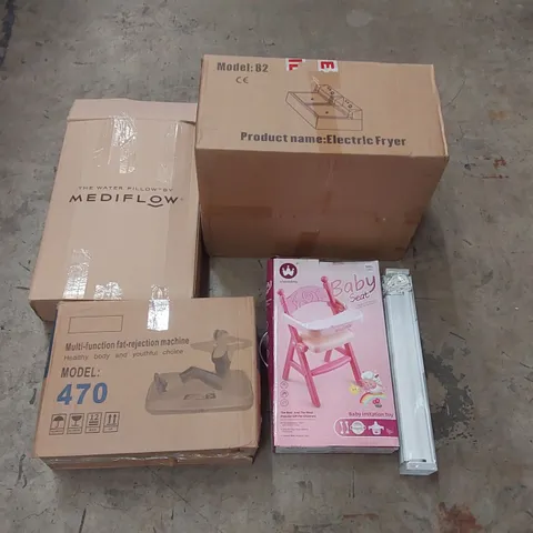PALLET OF ASSORTED ITEMS INCLUDING: MULTIFUNCTIONAL FAT REJECTION MACHINE, ELECTRIC FRYER, BABY SEAT, WATER PILLOW, BLINDS ECT
