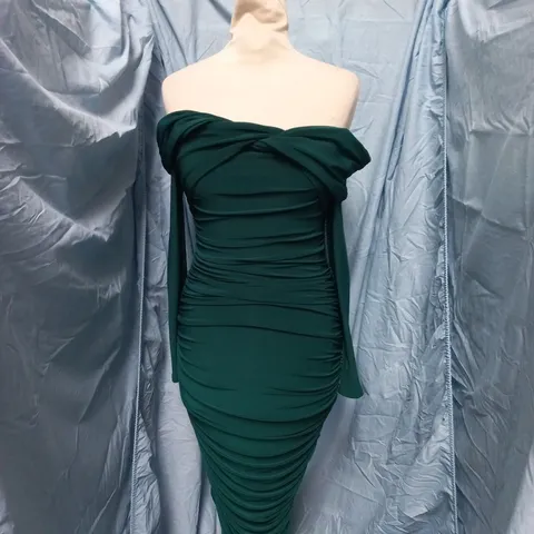 CLUB L LONDON BOTTLE GREEN TWIST FRONT BARDOT MIDI DRESS – UK 4