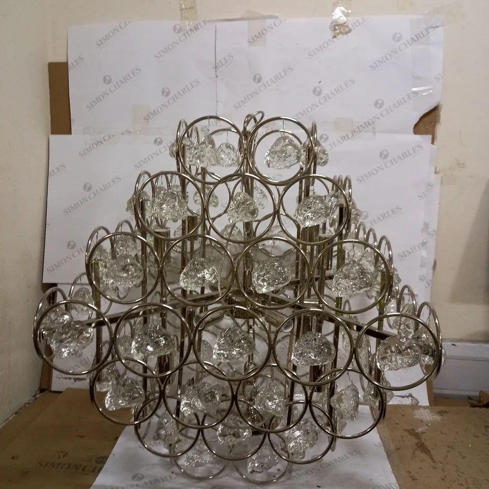 14 LIGHTS ON A SILVER CHANDELIER WITH GLASS ROCKS - COLLECTION ONLY