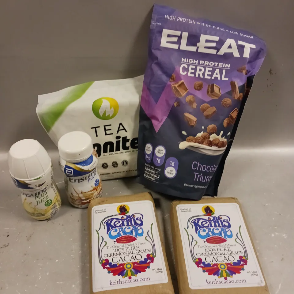 APPROXIMATELY 10 ASSORTED FOOD/DRINK PRODUCTS TO INCLUDE 100% PURE CACAO, ELEAT CEREAL, IGNITE TEA ETC 