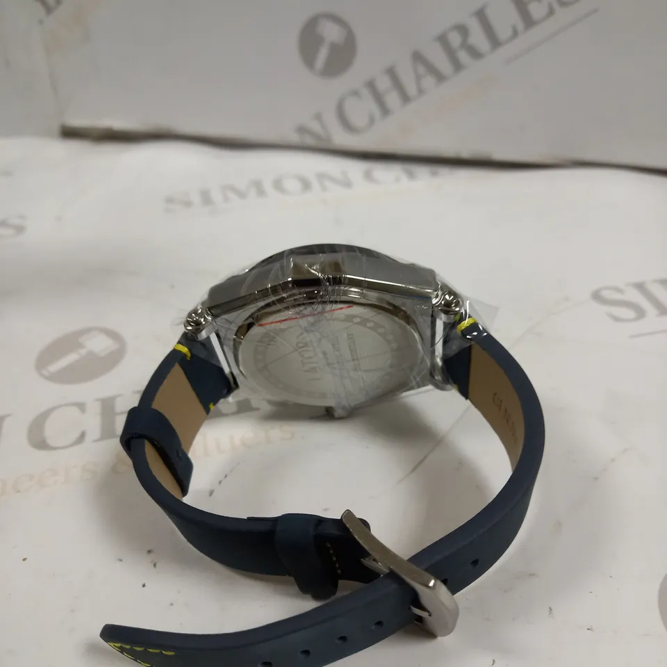 MEN’S LATOR CALIBRE L9180 CHRONOGRAPH WATCH – 42 MM CASE – BLUE DIAL WITH YELLOW DETAILING – BLUE LEATHER STRAP – CHRONOGRAPH MOVEMENT WITH DATE FUNCTION