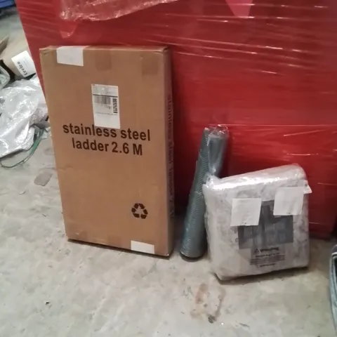PALLET OF ASSORTED HOUSEHOLD GOODS AND PRODUCTS TO INCLUDE;AREA RUG,LADDERS,GARDEN FLOWERS PROTECTOR 