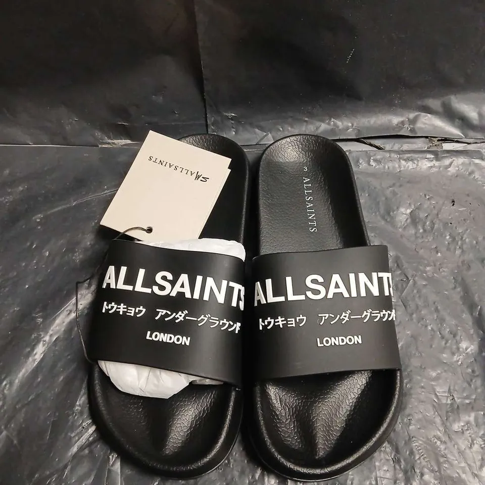 AllSaints Slides – Black with London branding - SIZE 3