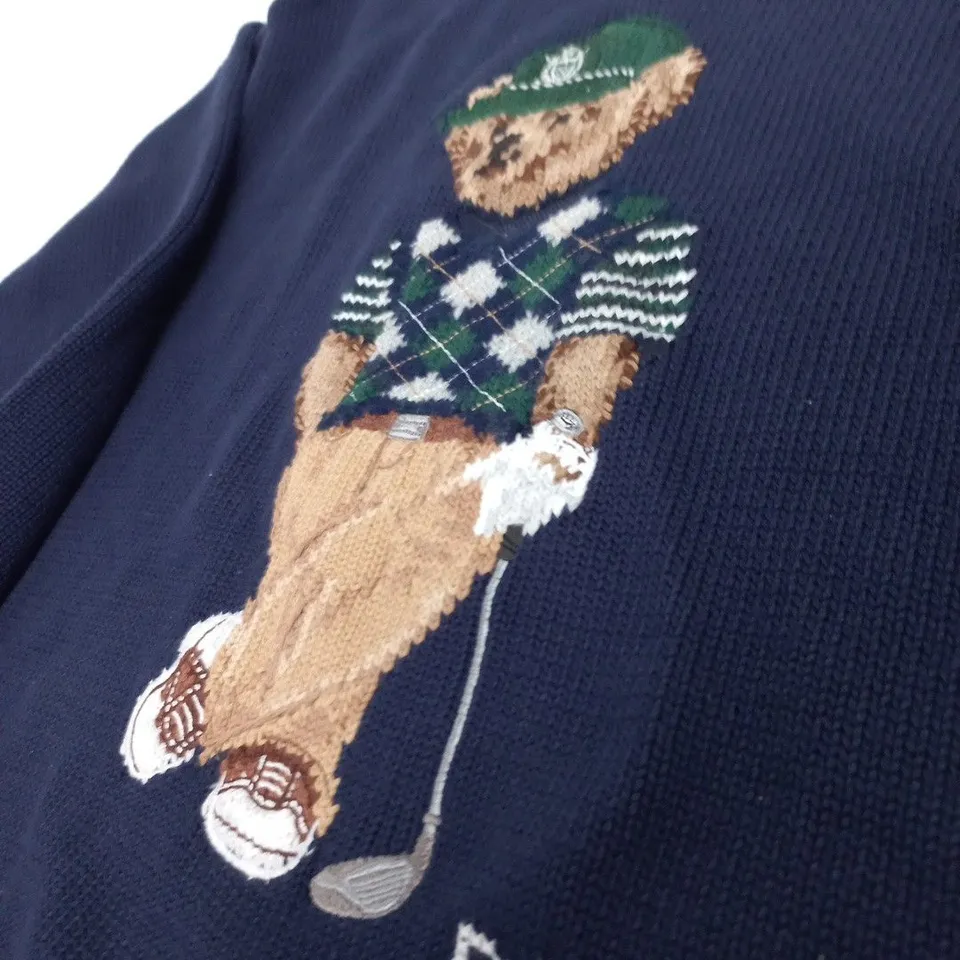 RALPH LAUREN RLX KNIT SWEATER – NAVY, BEAR GOLF GRAPHIC, MEN’S UK SIZE L