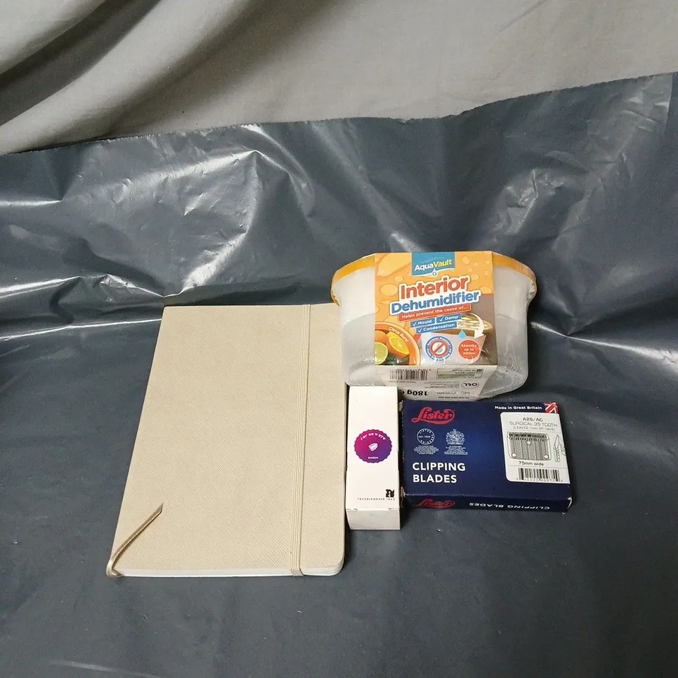 APPROXIMATELY 20 ASSORTED HOUSEHOLD ITEMS TO INCLUDE DEHUMIDIFIER, CLIPPING BLADES, FOUNTAIN PEN INK, NOTEPAD ETC